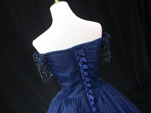 Gothic Royal Blue Off-Shoulder Short Wedding Party Dress - Designer Sequin Gown - Corset Back Wedding Dress Plus Size